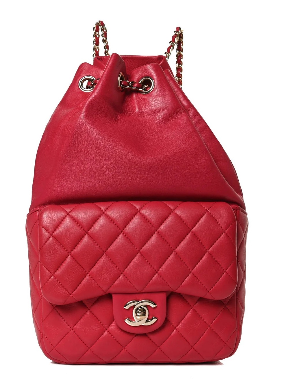 CHANEL Red Quilted Lambskin Leather Drawstring Backpack with Gold Hardware